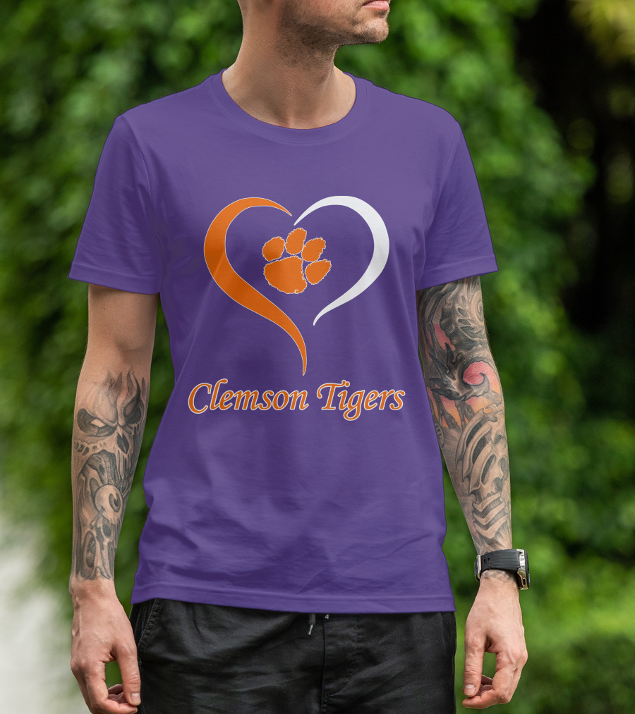 Clemson Tigers Heart Paw Print Purple And Orange T-Shirt