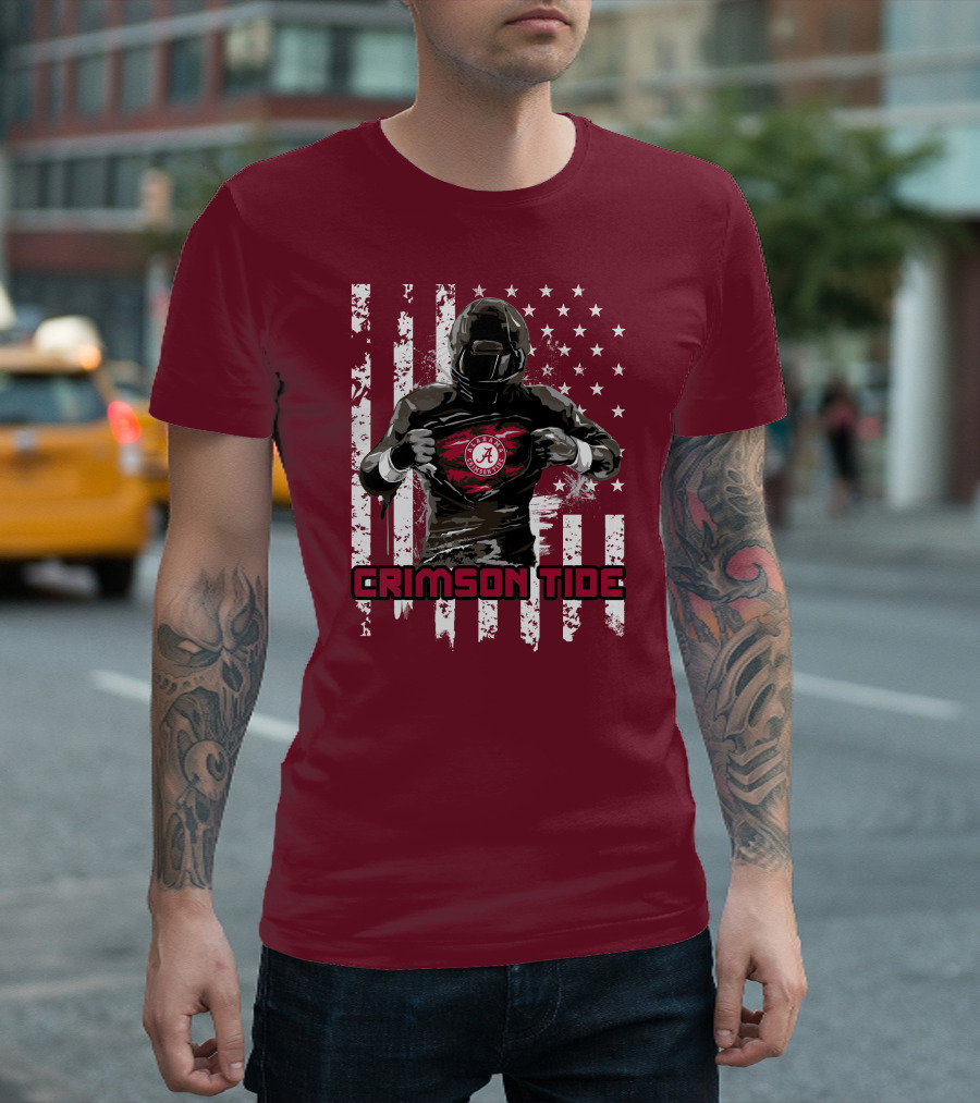 Alabama Crimson Tide Superhero American Flag Football Fan T-Shirt