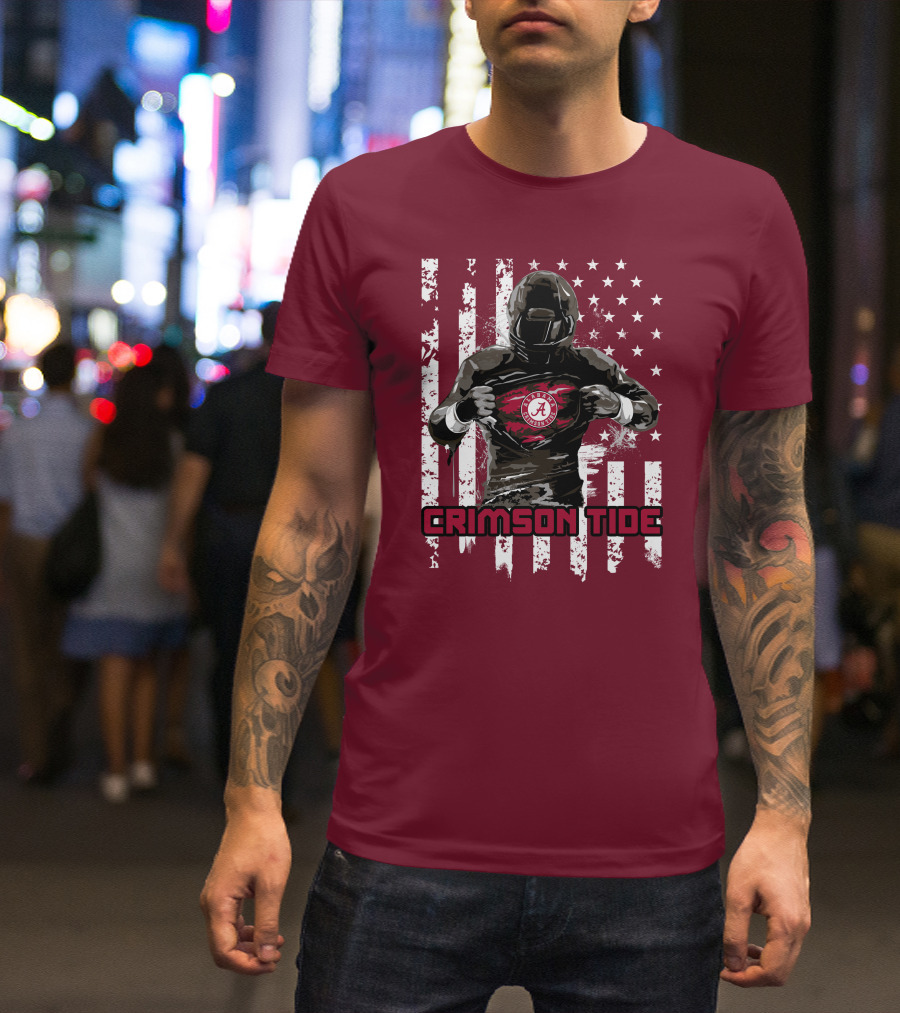 Alabama Crimson Tide Superhero American Flag Football Fan T-Shirt