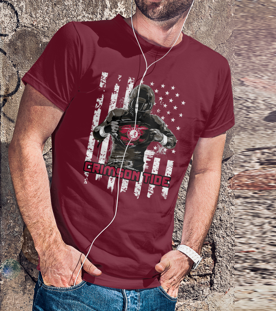 Alabama Crimson Tide Superhero American Flag Football Fan T-Shirt