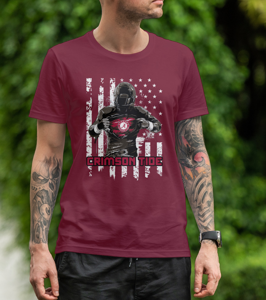 Alabama Crimson Tide Superhero American Flag Football Fan T-Shirt
