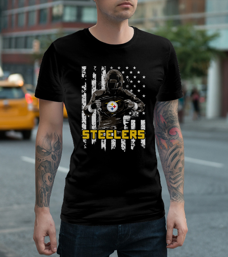 Steelers Player Emblazoned Over Distressed American Flag Iconic T-Shirt