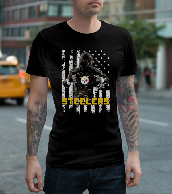 Steelers Player Emblazoned Over Distressed American Flag Iconic T-Shirt