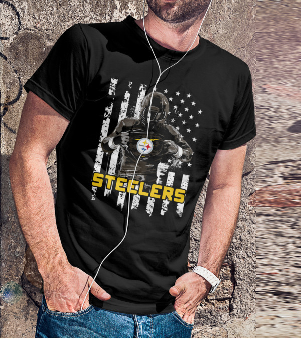 Steelers Player Emblazoned Over Distressed American Flag Iconic T-Shirt