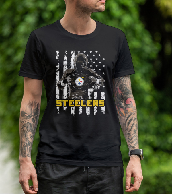 Steelers Player Emblazoned Over Distressed American Flag Iconic T-Shirt