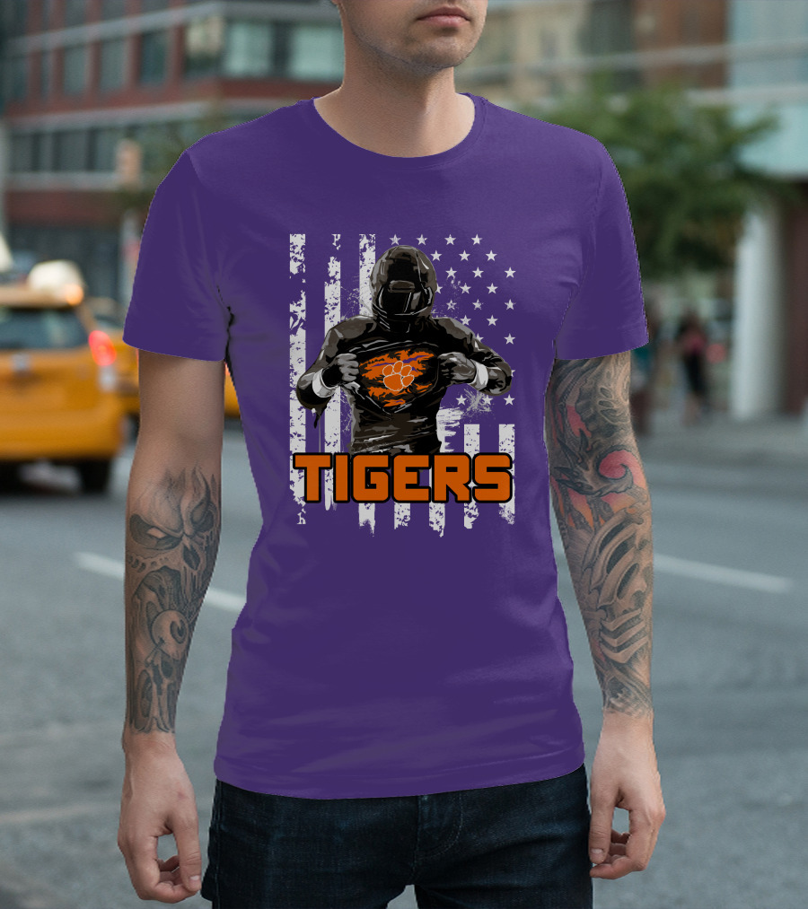 Tigers Player with Paw Logo and Flag Background T-Shirt