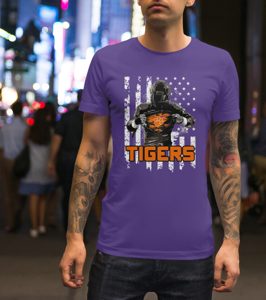 Tigers Player With Paw Logo And Flag Background T-Shirt