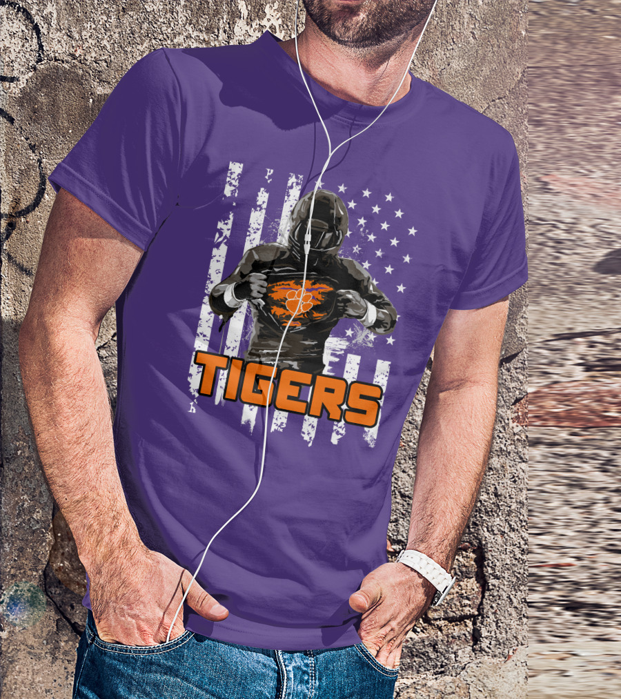 Tigers Player With Paw Logo And Flag Background T-Shirt