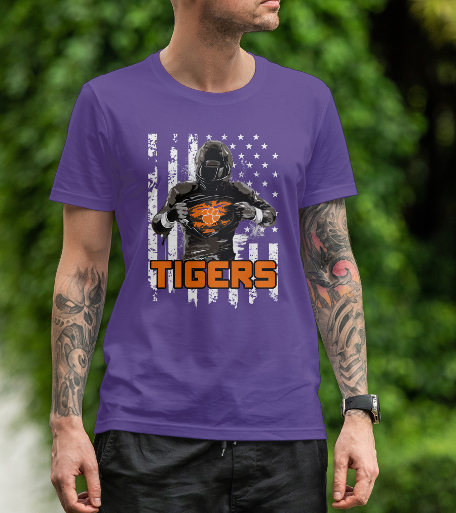 Tigers Player With Paw Logo And Flag Background T-Shirt