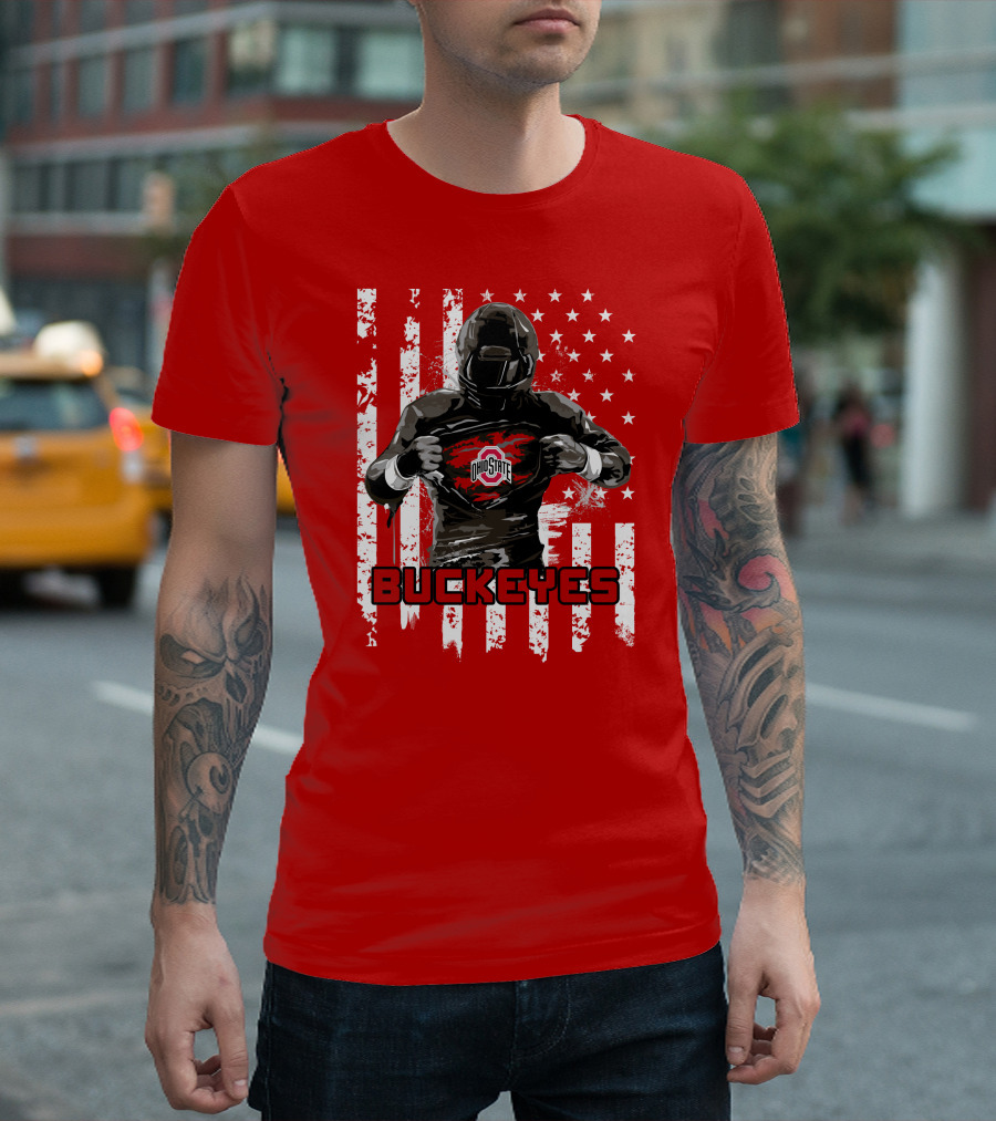 Ohio State Buckeyes Player with American Flag Background T-Shirt