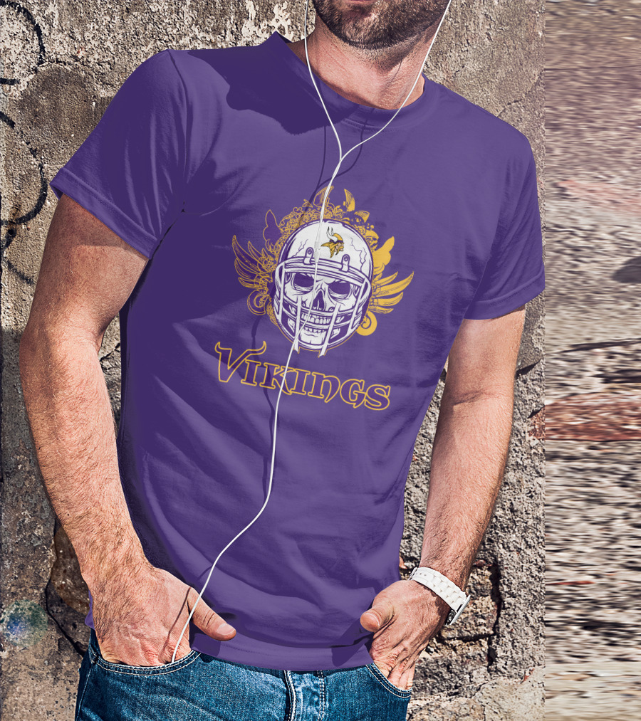 Vikings Skull Helmet With Purple And Yellow Wings T-Shirt