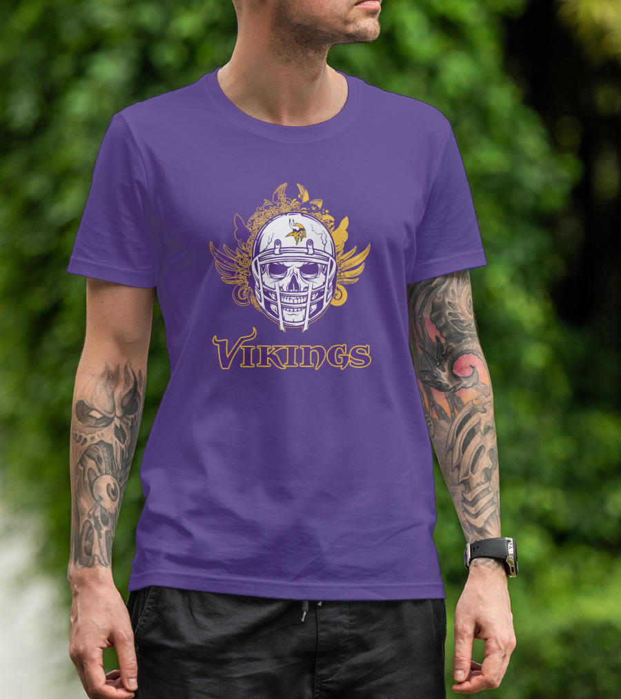 Vikings Skull Helmet With Purple And Yellow Wings T-Shirt