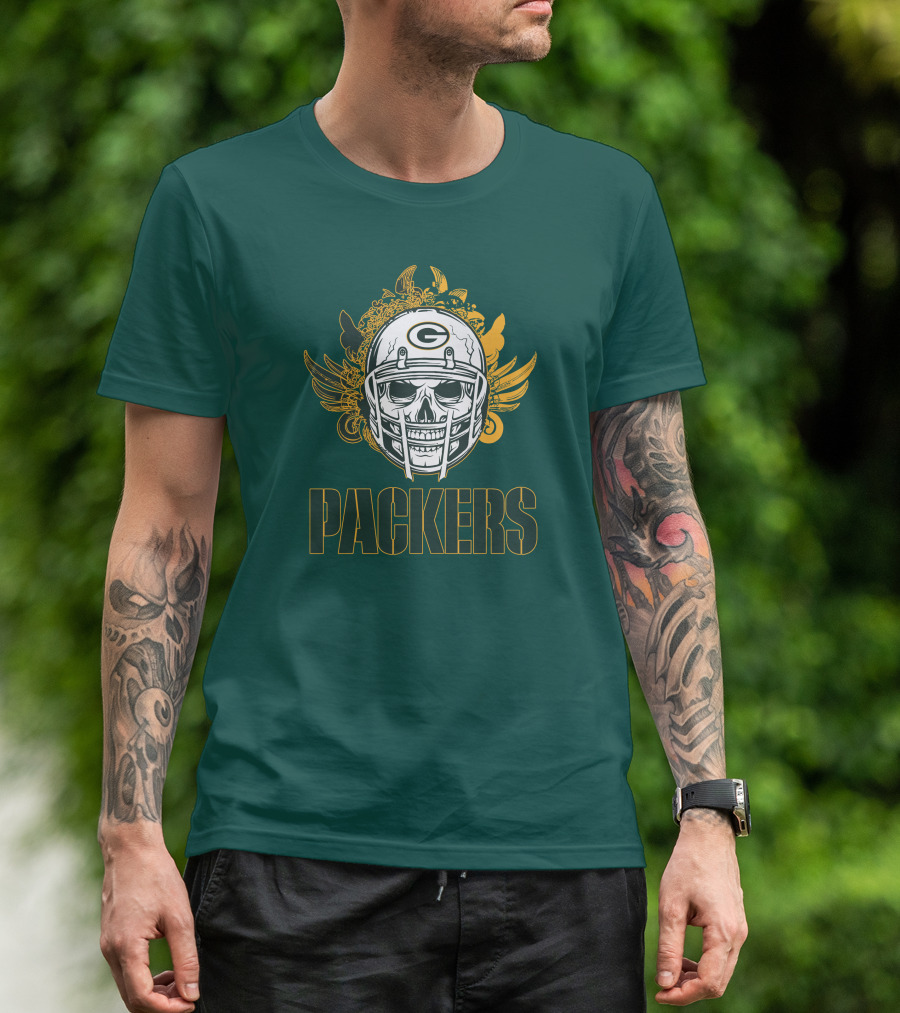 Packers Skull Helmet With Green Bay Logo Elements T-Shirt