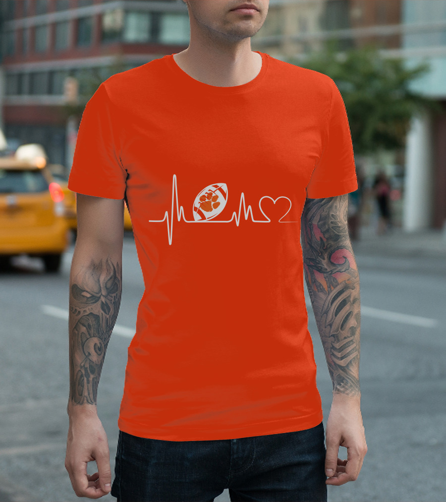 Clemson Tigers Heartbeat Football Paw Prints T-Shirt
