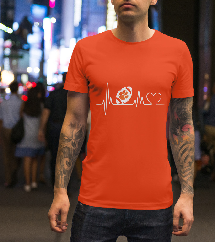 Clemson Tigers Heartbeat Football Paw Prints T-Shirt