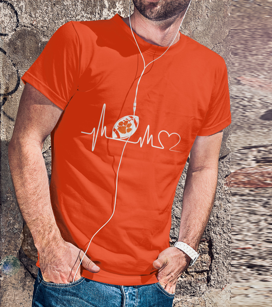Clemson Tigers Heartbeat Football Paw Prints T-Shirt