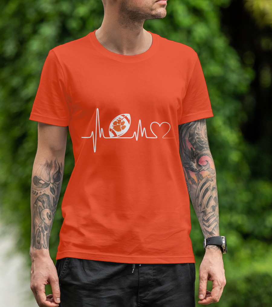 Clemson Tigers Heartbeat Football Paw Prints T-Shirt