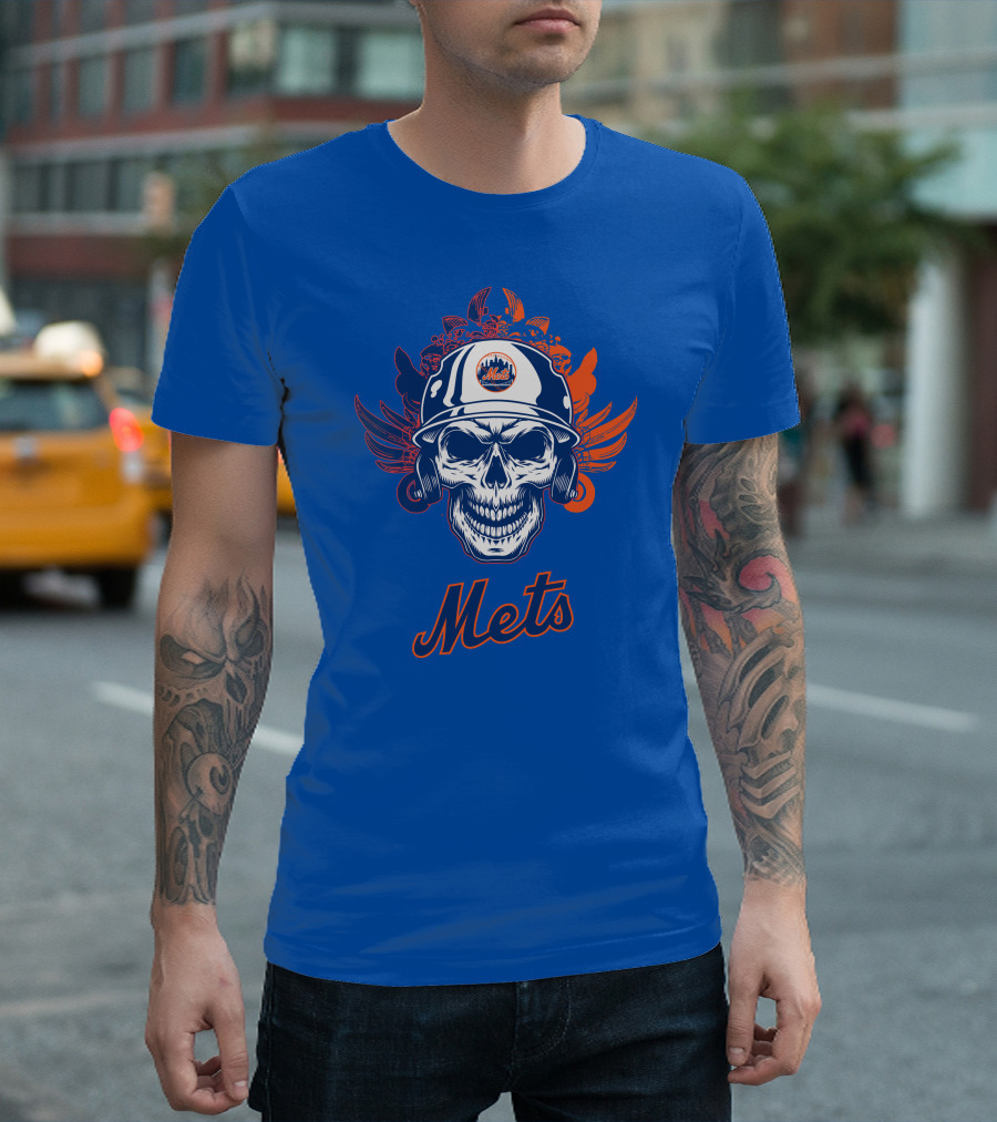 New York Mets Skull Helmet Logo With Wings T-Shirt