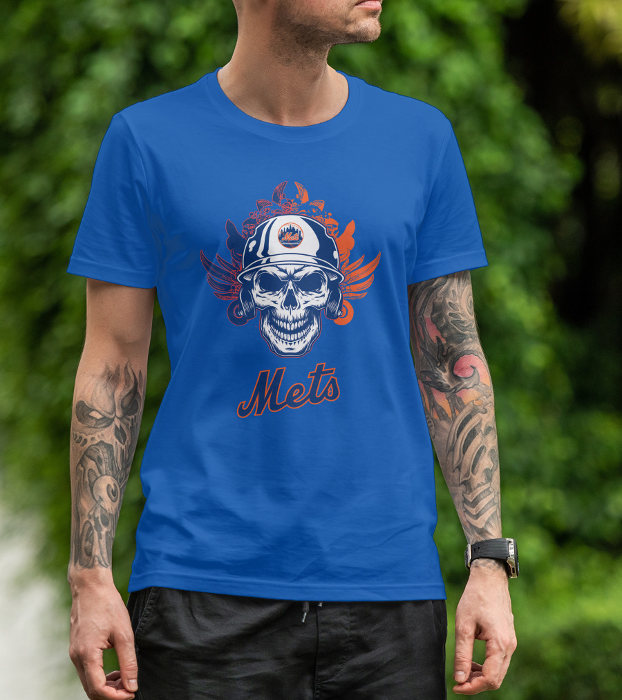 New York Mets Skull Helmet Logo With Wings T-Shirt