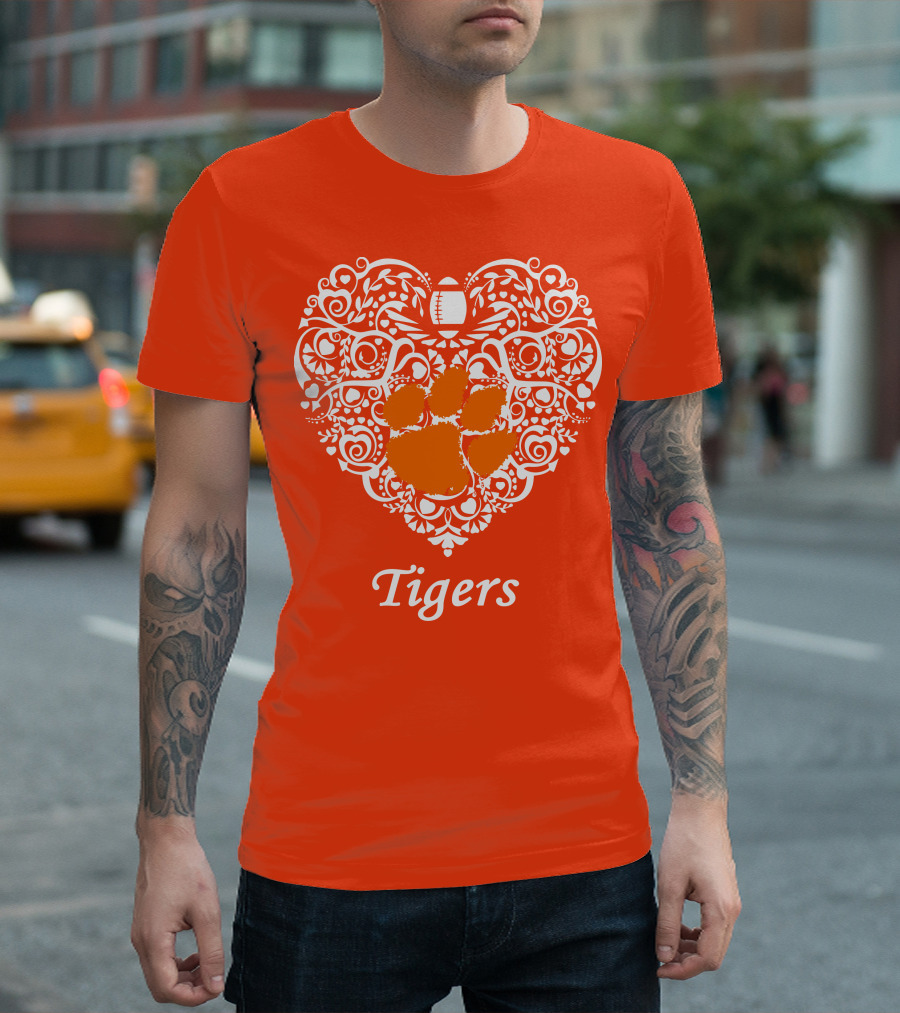 Heart-Shaped Design with Clemson Tigers Paw and Football Elements T-Shirt