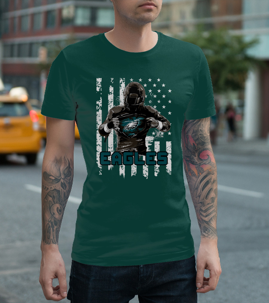 Philadelphia Eagles Football Hero with American Flag Background T-Shirt