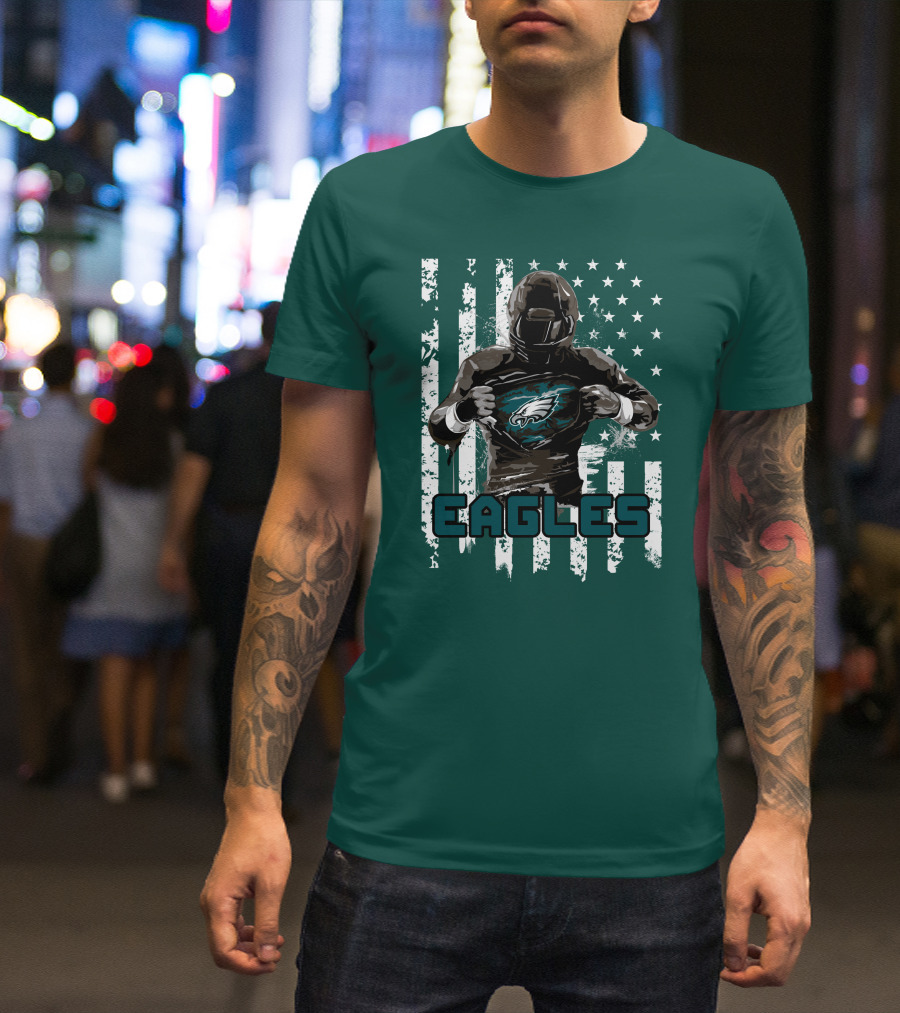 Philadelphia Eagles Football Hero With American Flag Background T-Shirt