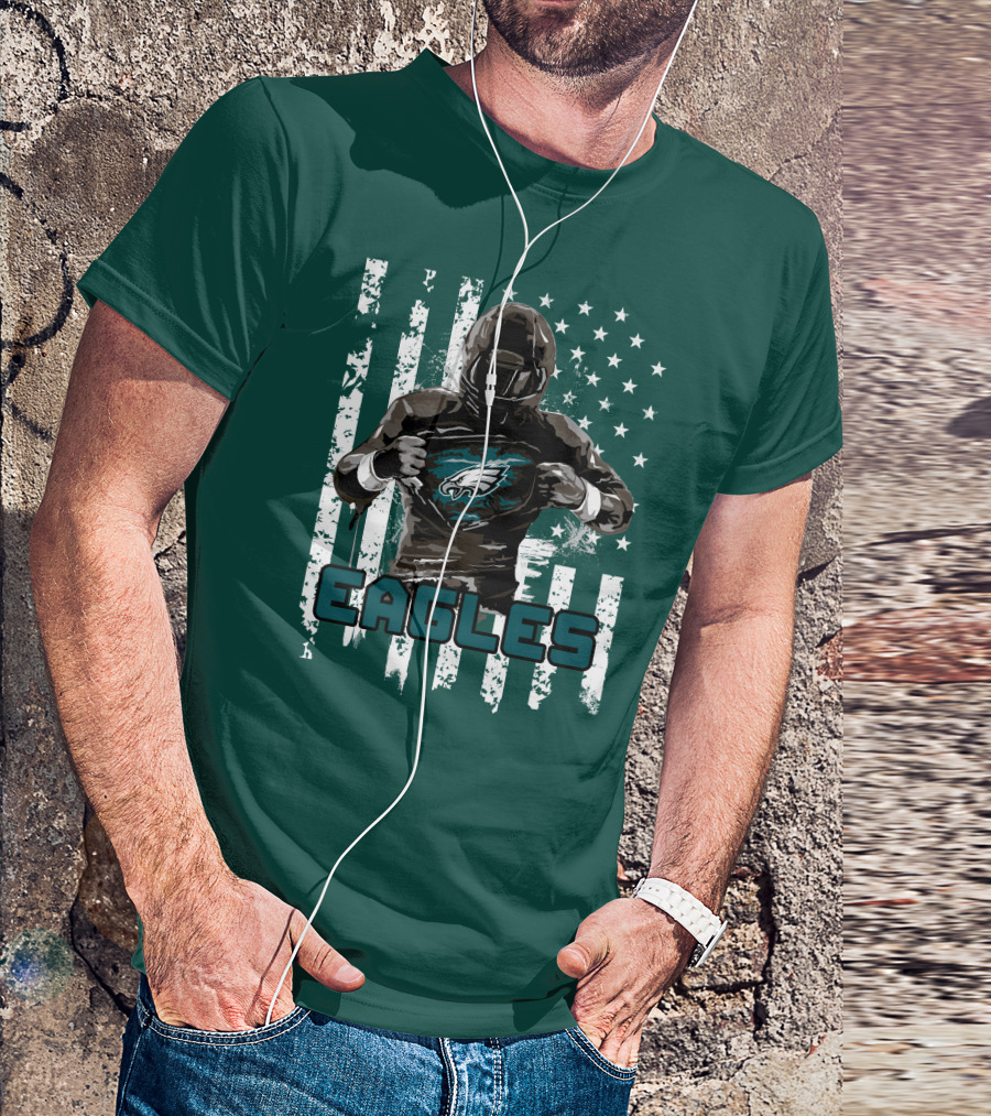 Philadelphia Eagles Football Hero With American Flag Background T-Shirt