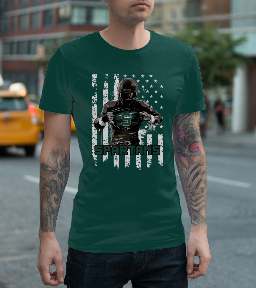 Spartans Player with S Emblem and American Flag Background T-Shirt