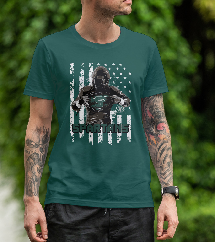 Spartans Player With S Emblem And American Flag Background T-Shirt