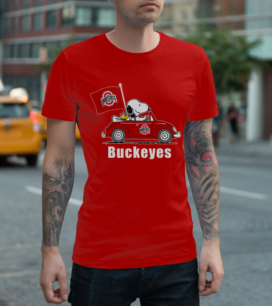 Ohio State Buckeyes Snoopy in Red Car with Flag T-Shirt