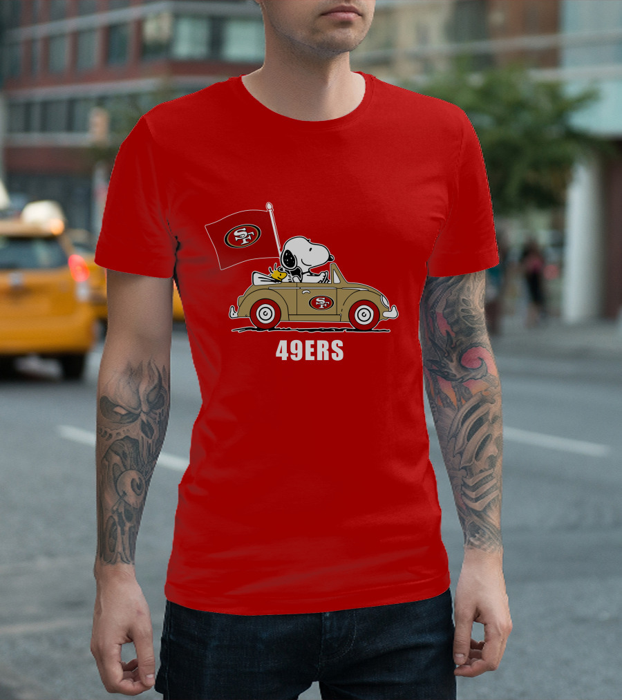 San Francisco 49ers Snoopy Driving Car With Sf Flag T-Shirt