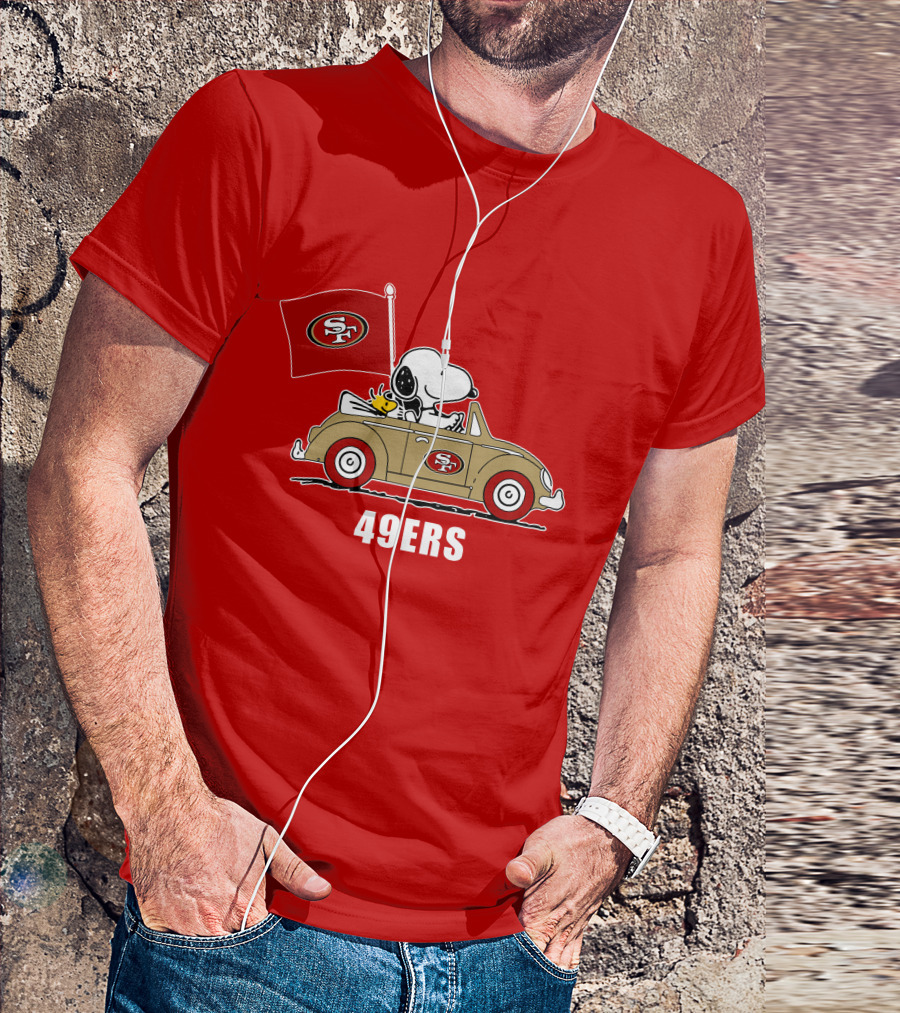 San Francisco 49ers Snoopy Driving Car With Sf Flag T-Shirt