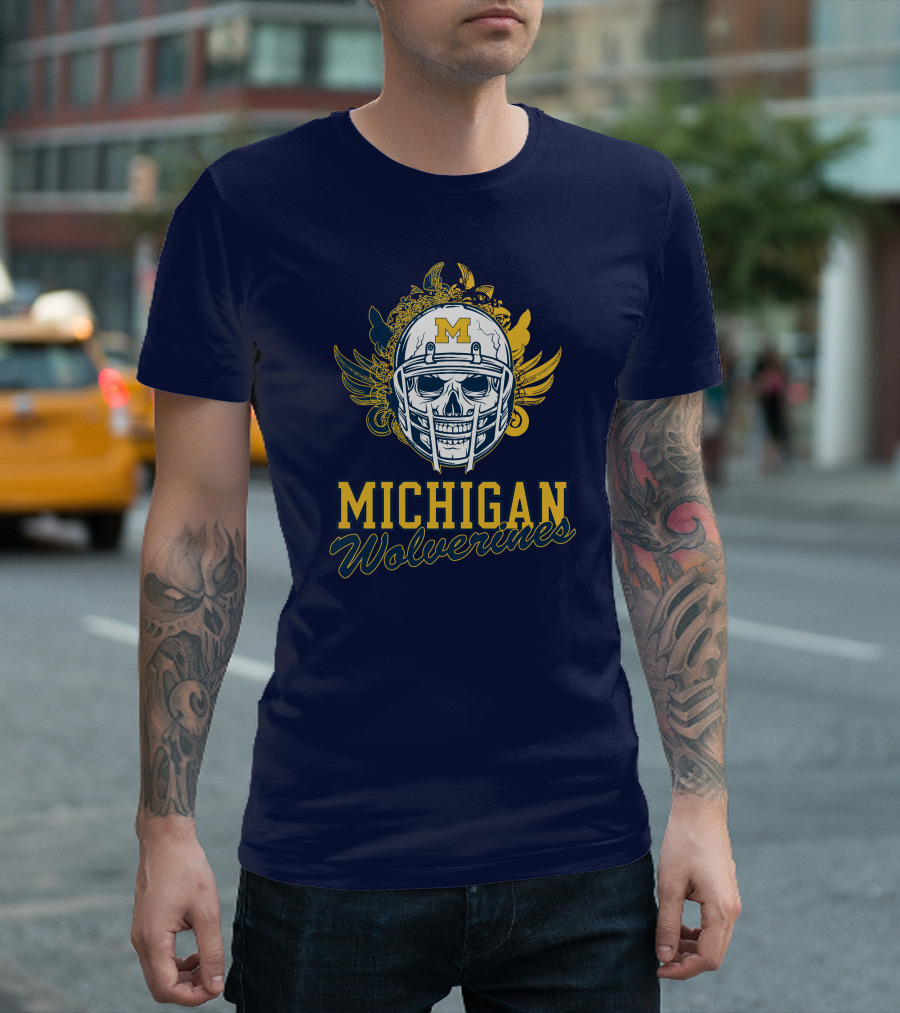 Michigan Wolverines Skull Helmet with Floral Wings T-Shirt