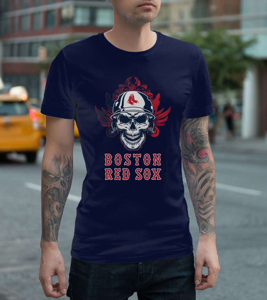 Boston Red Sox Skull with Baseball Helmet and Wings T-Shirt