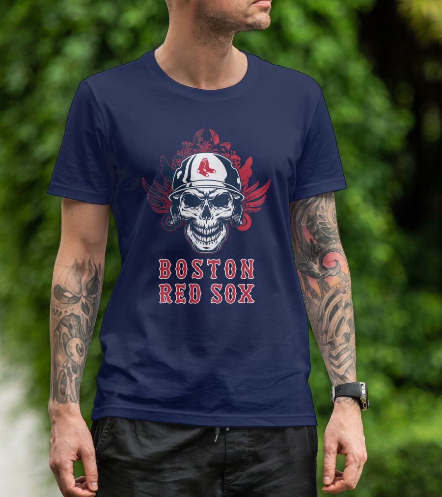 Boston Red Sox Skull With Baseball Helmet And Wings T-Shirt