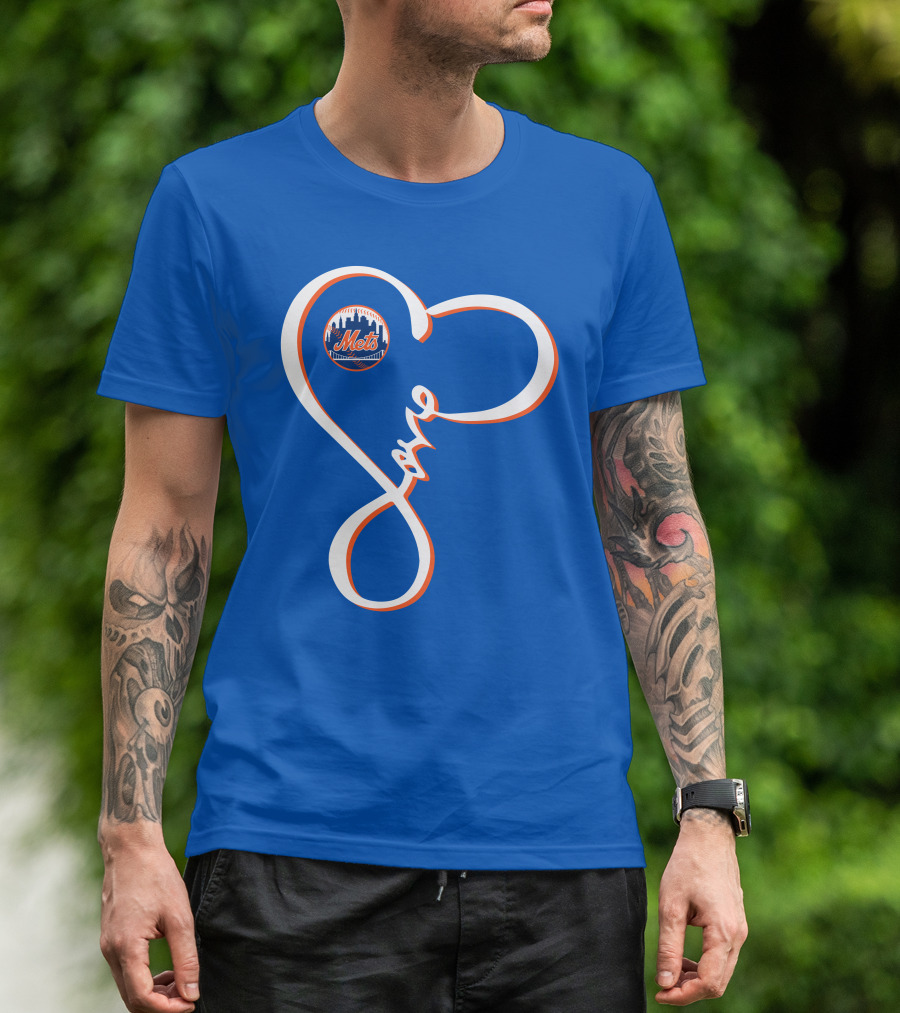 New York Mets Love Script With Heart Outline T-Shirt