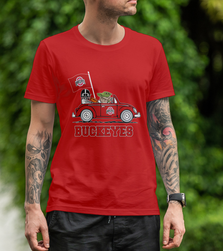 Ohio State Buckeyes Darth Vader Baby Yoda Driving Star Wars Car With Flag T-Shirt