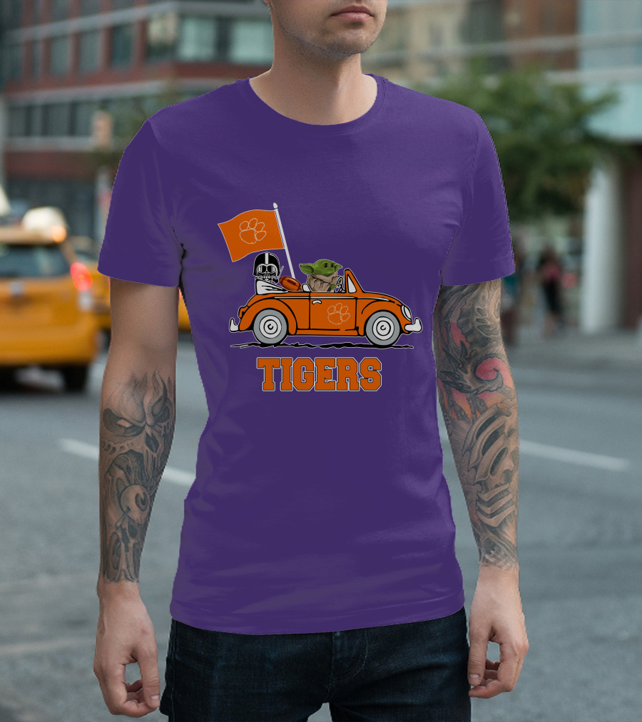 Clemson Tigers Darth Vader Baby Yoda Driving Star Wars Football Car T-Shirt