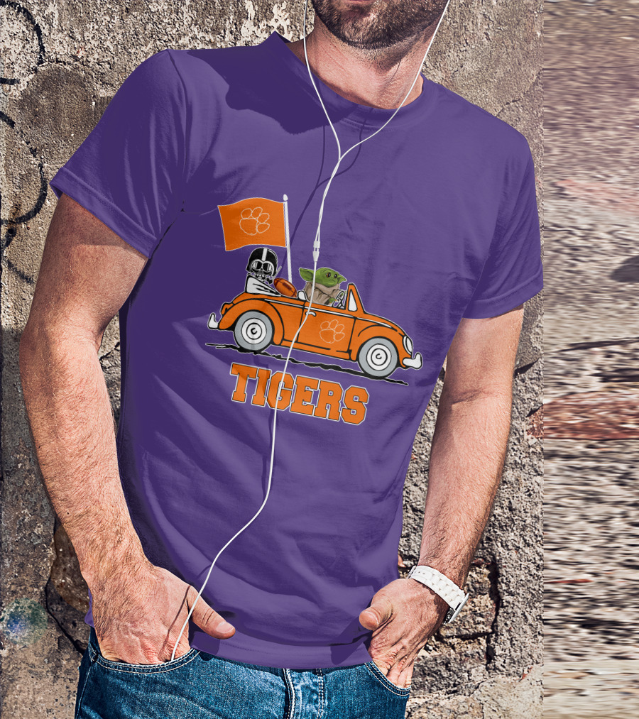 Clemson Tigers Darth Vader Baby Yoda Driving Star Wars Football Car T-Shirt