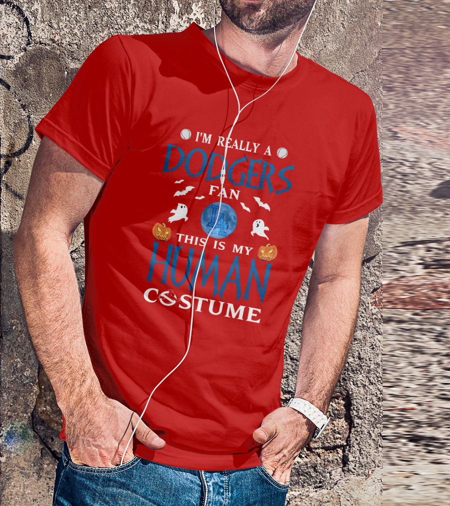Los Angeles Dodgers Fan Halloween Human Costume Theme With Ghosts And Pumpkins T-Shirt