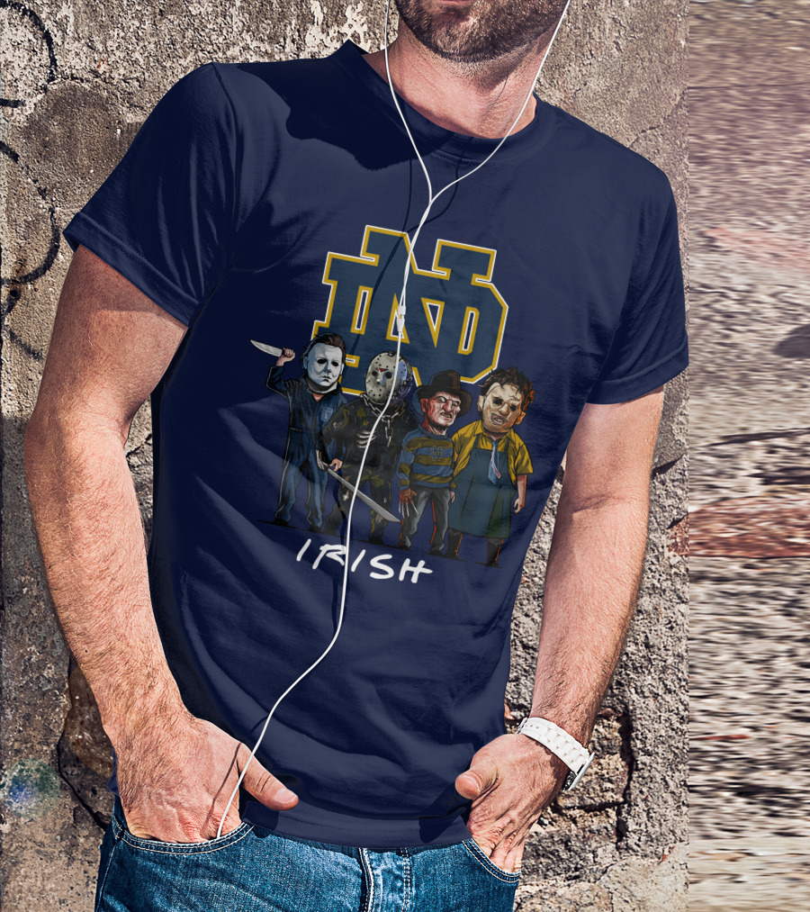 Notre Dame Fighting Irish Halloween With Famous Horror Slasher Characters T-Shirt