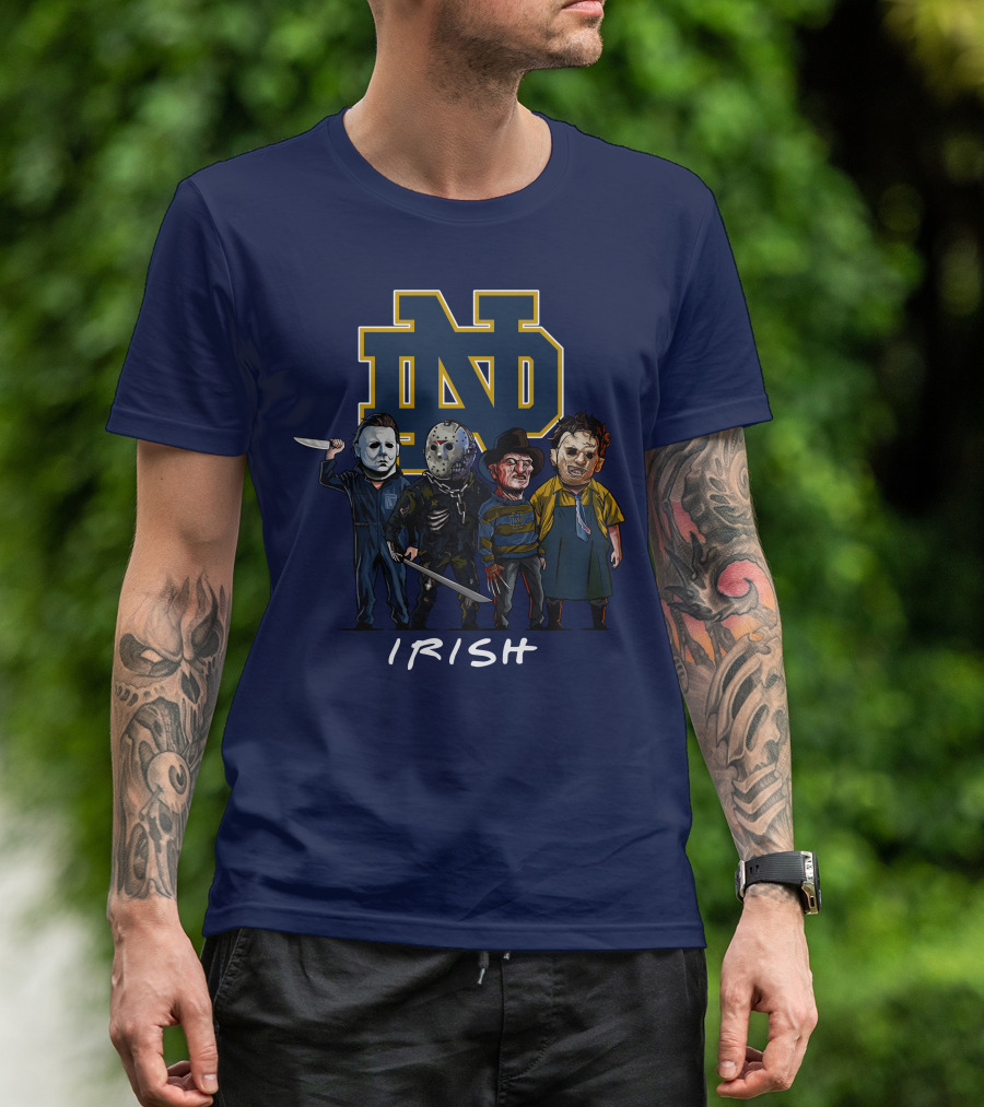 Notre Dame Fighting Irish Halloween With Famous Horror Slasher Characters T-Shirt