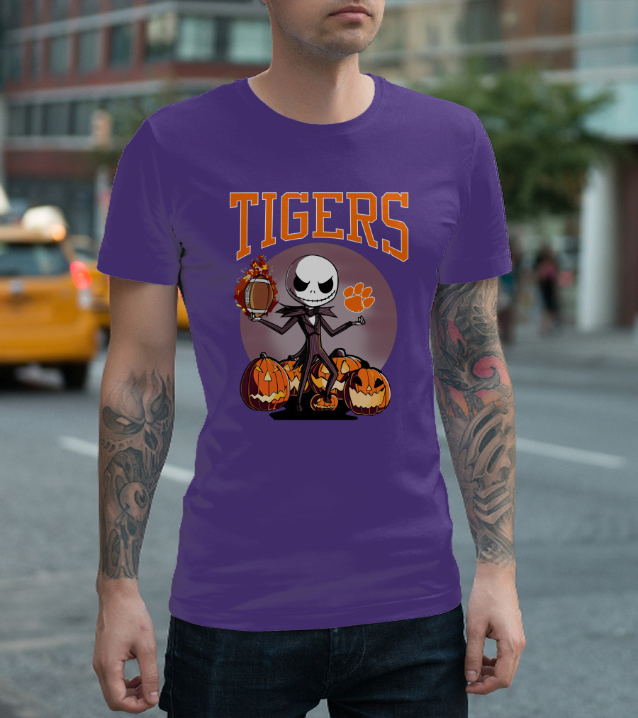 Tigers Jack Skellington Clemson Halloween Football and Pumpkins T-Shirt
