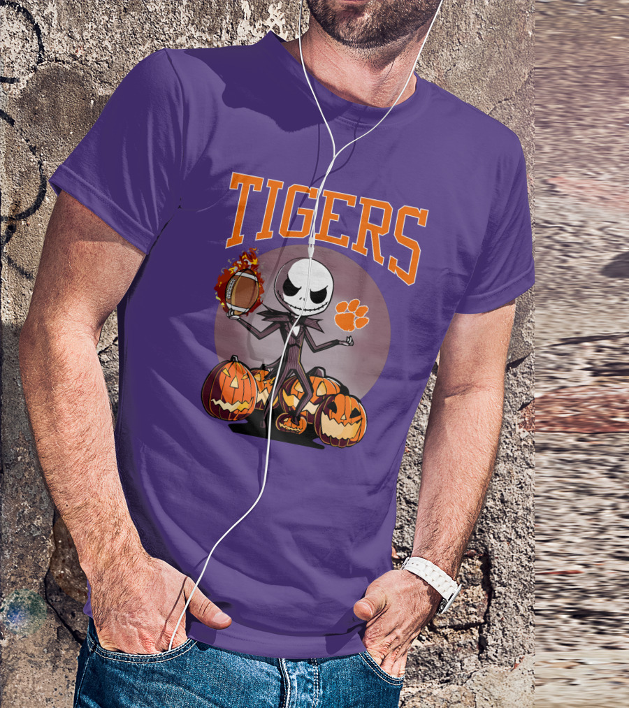 Tigers Jack Skellington Clemson Halloween Football And Pumpkins T-Shirt