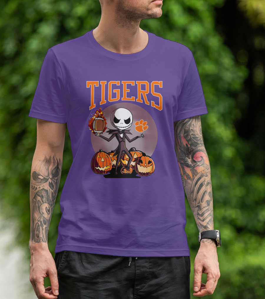 Tigers Jack Skellington Clemson Halloween Football And Pumpkins T-Shirt