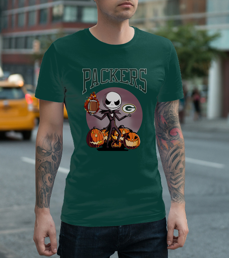 Packers Green Bay Jack Skellington Halloween Football Pumpkins T-Shirt