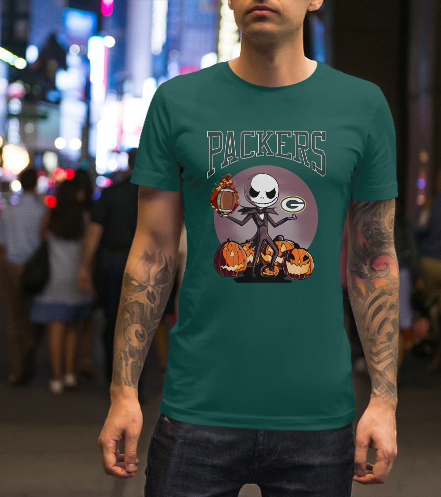 Packers Green Bay Jack Skellington Halloween Football Pumpkins T-Shirt