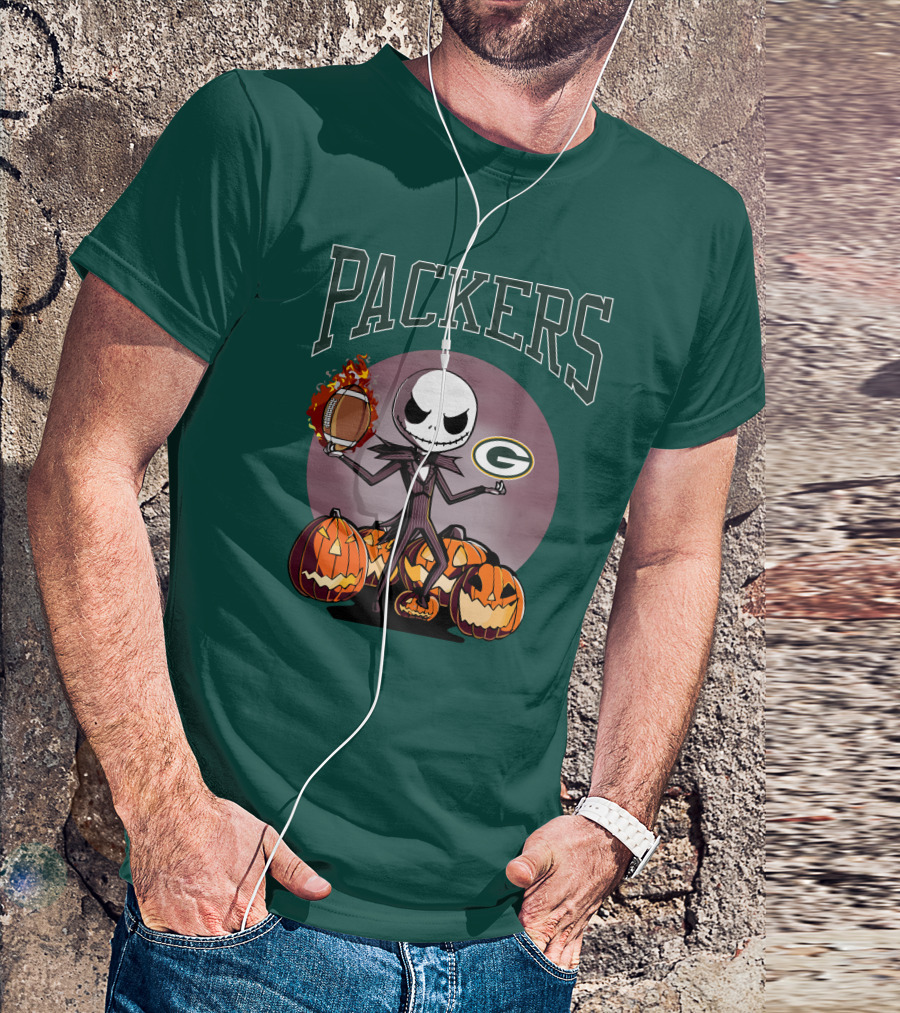 Packers Green Bay Jack Skellington Halloween Football Pumpkins T-Shirt