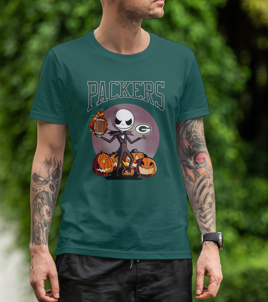 Packers Green Bay Jack Skellington Halloween Football Pumpkins T-Shirt