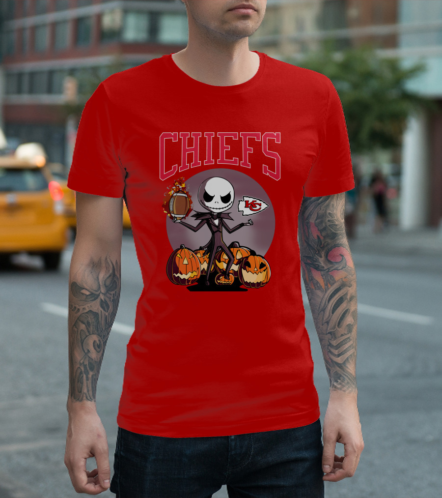 Kansas City Chiefs Jack Skellington Halloween Football Pumpkins T-Shirt
